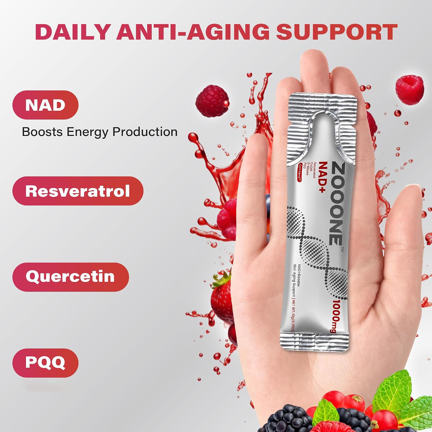 Detalle de zooone NAD+ Liquid Packets 1000mg with Resveratrol, CoQ10 & PQQ