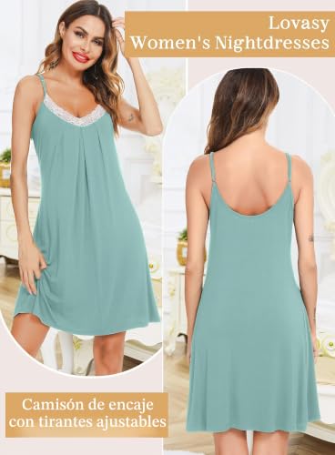 Detalle 2 de Lovasy Camisón de Mujer Verano en Encaje con Tirantes Ajustables – Verde Claro, XL