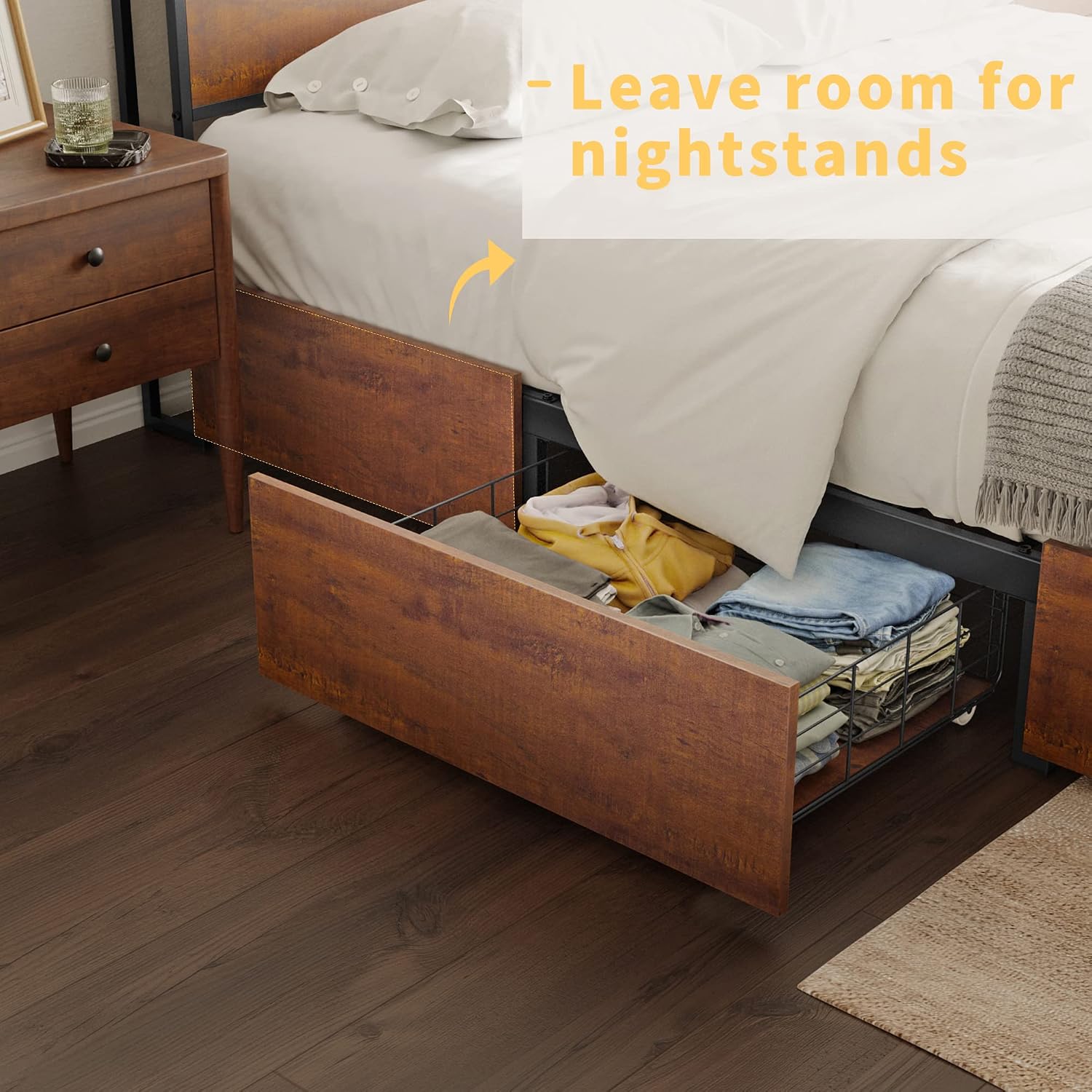 Detalle de HAUSOURCE Queen Bed Frame with Storage, LED Headboard and Charging Station