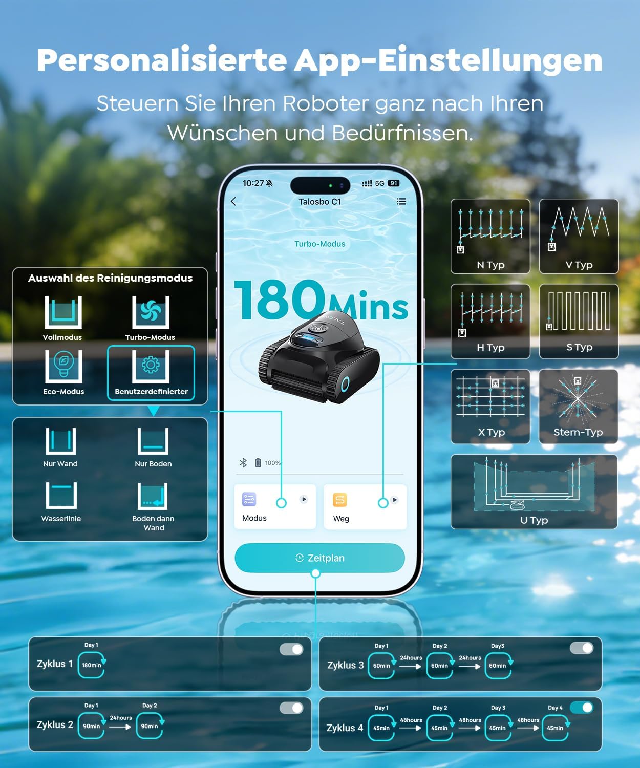 Detalle de TALOSBO C1 Poolroboter Akku – Boden, Wand und Wasserlinie sauber, 150 m², App-Steuerung