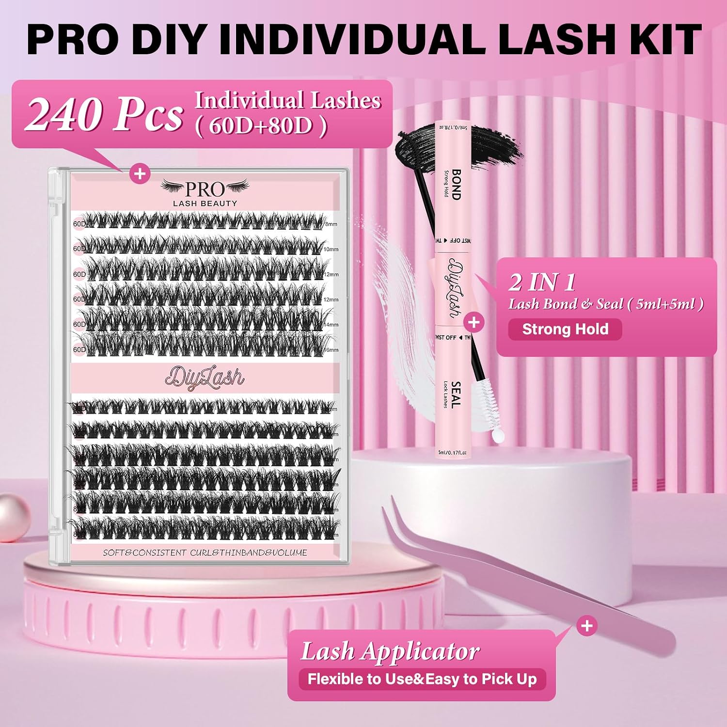 Detalle de DIY Wimpernverlängerung Kit mit 240 Cluster Lashes (3Dstyle-60D+80D, 8–16 Mix)