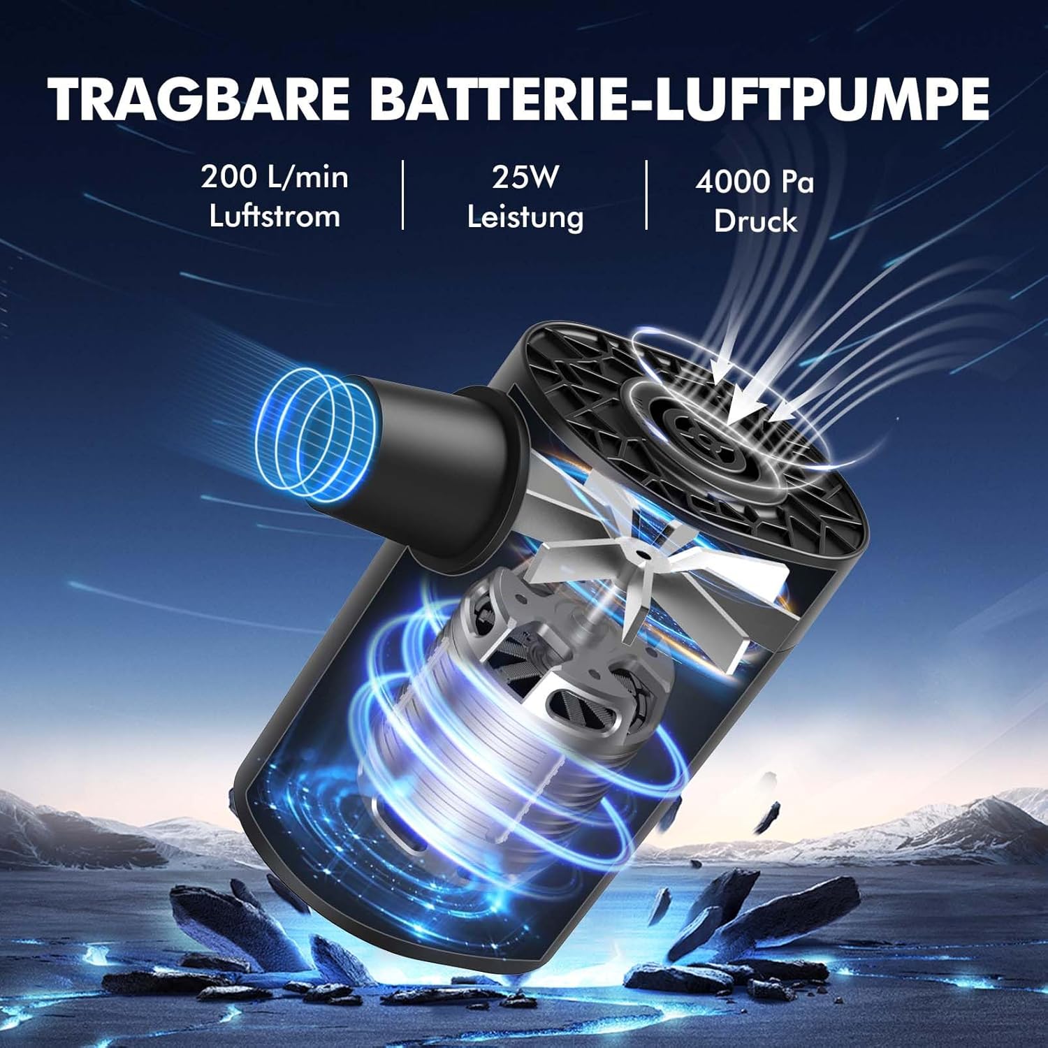 Thumbnail 1 de AKSOUL Elektrische Akku-Luftpumpe für Luftmatratzen, 200 L/min und 4000 Pa, mit 4 Düsen (AA-Betrieb)