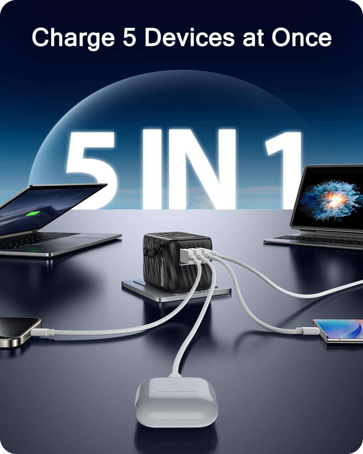 Detalle de LENCENT 5 en 1 Adaptateur de Voyage Universel — 3 USB-A et 1 USB-C, Prise Internationale Type A/C/G/I