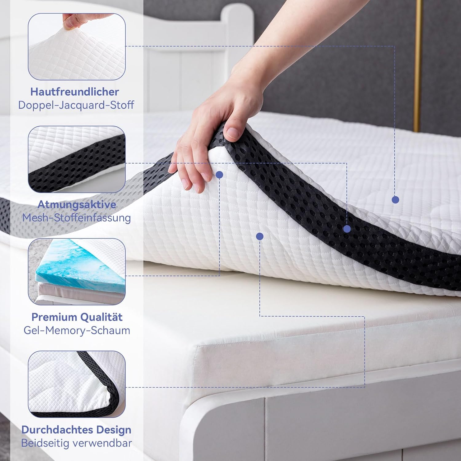 Detalle de Amazon Basics Matratzentopper 140 x 200 cm, 7 cm Gel-Schaumauflage, weiß