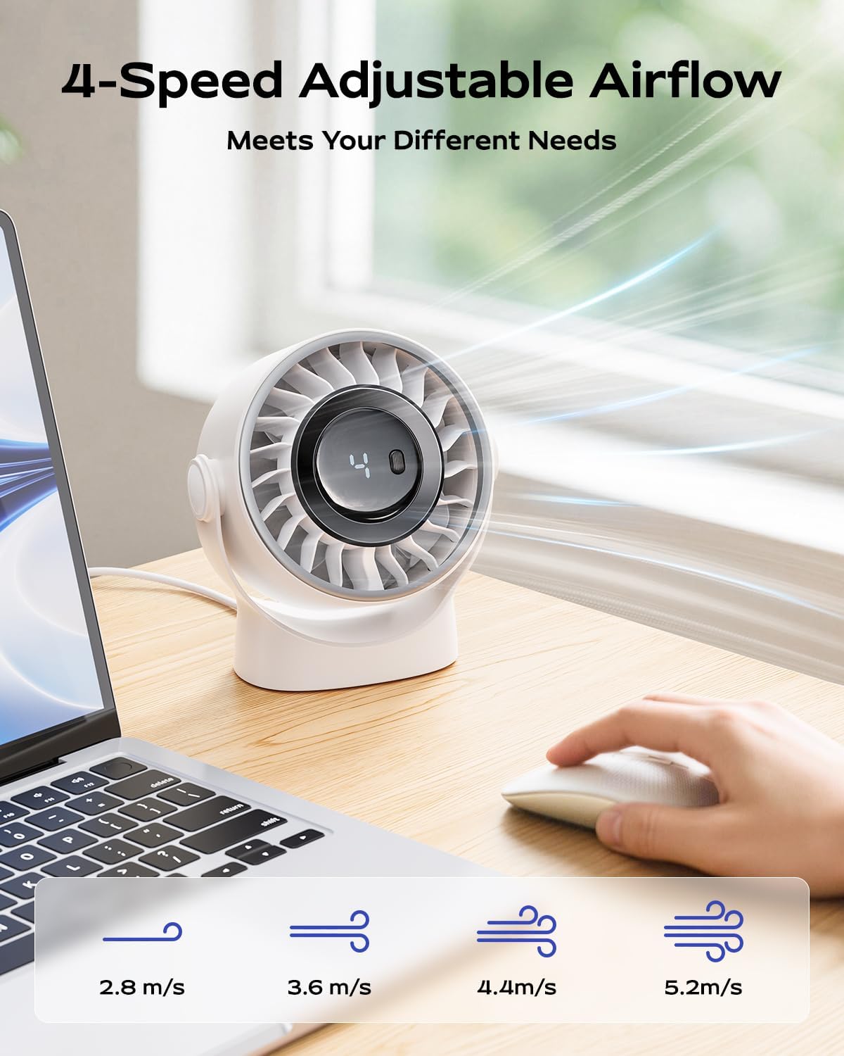 Detalle de SWEETFULL USB Desk Fan: 4-Speed Portable Personal Cooler with 360° Rotatable Head