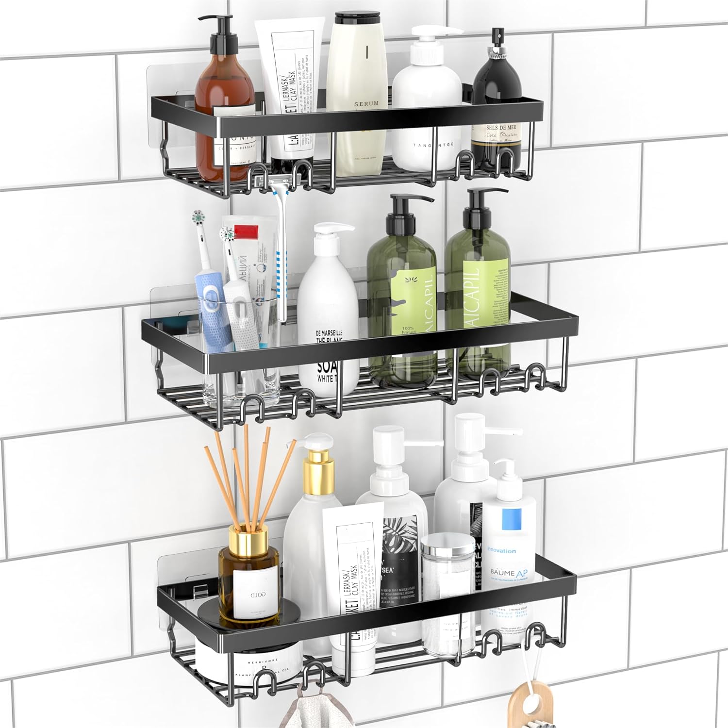 Detalle de DIFULI Shower Caddy 3 Pack – Black No-Drill Shelf Organisers