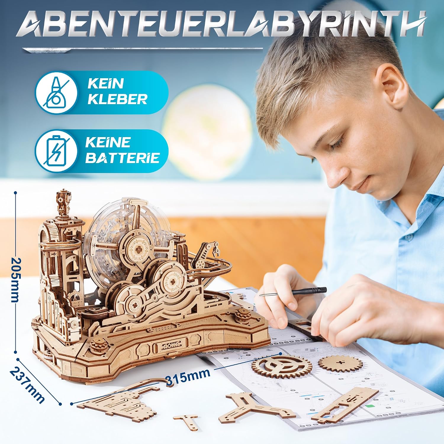 Detalle de ROKR 3D Puzzle Holz Kugelbahn Modellbausatz für DIY-Rennen (Gear Ball Challenge, 653-teilig)
