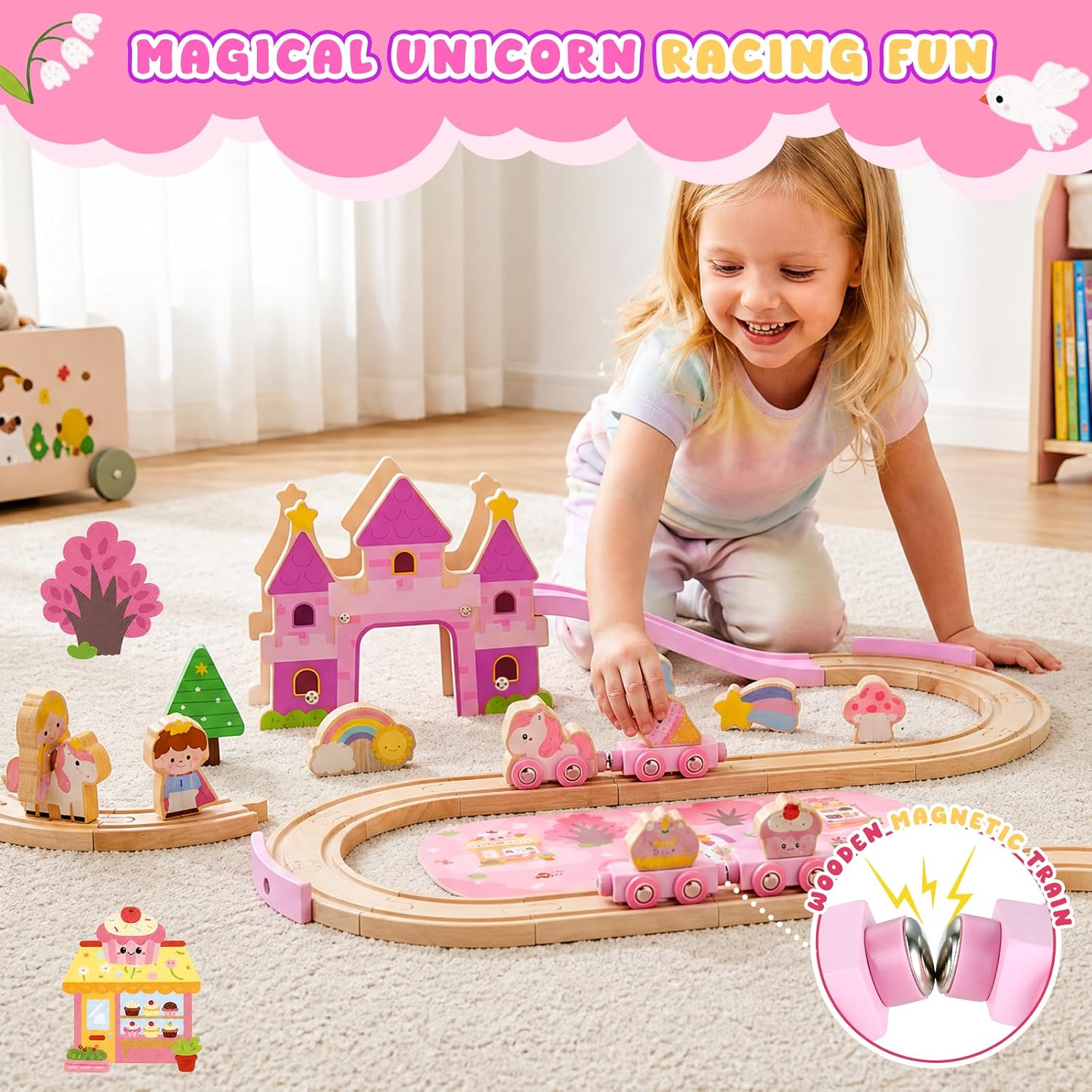 Detalle 1 de GAGAKU GLBB673 houten treinset met 41 onderdelen, magnetische wagons en kasteelbrug