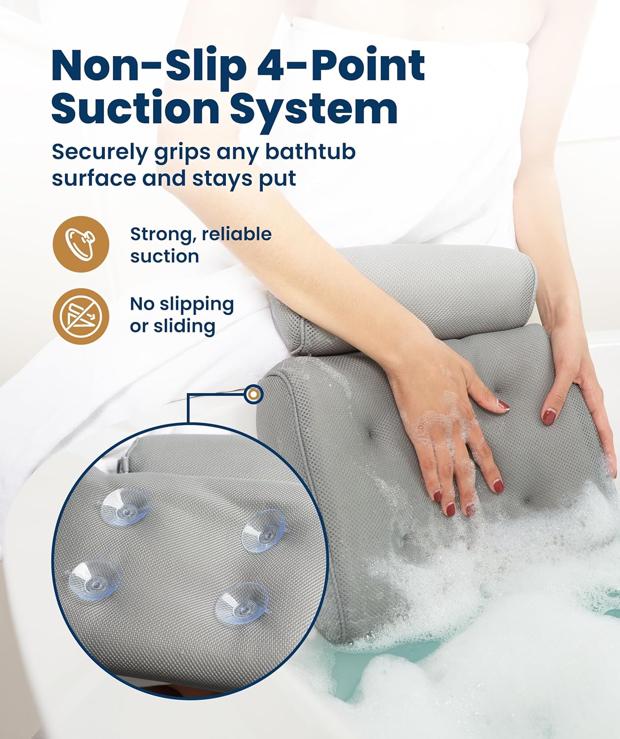 Detalle de Everlasting Comfort Bath Pillow (Bath Cushion) for Head & Neck Support with Suction Cups – Grey