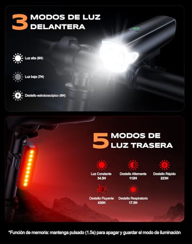 Detalle de CIRYCASE 1200 Lúmenes: Luz delantera y trasera para bici con haz ancho y 3+5 modos