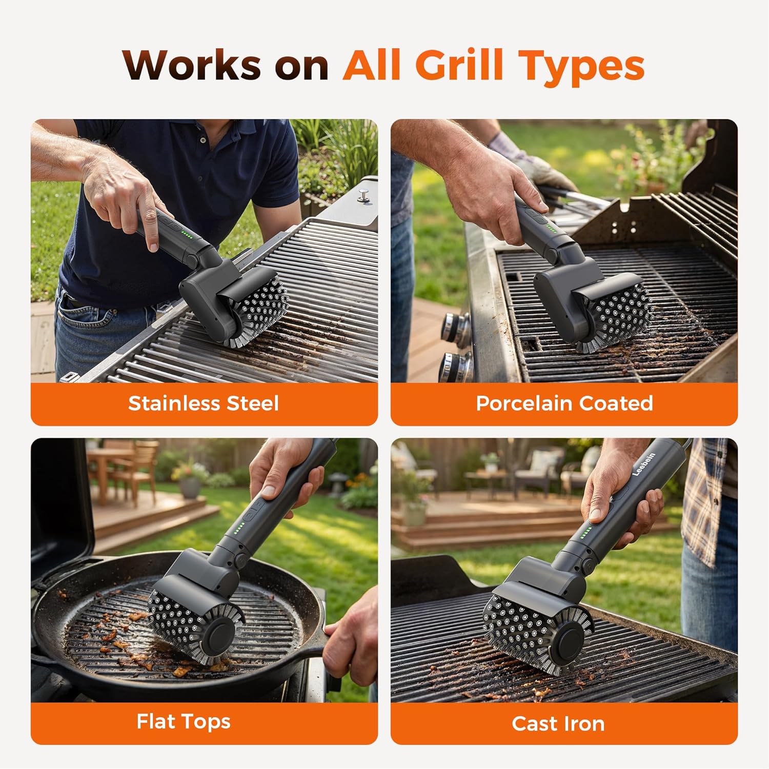 Detalle de Leebein cordless electric grill brush with 3-speed rotating heads and 150-minute runtime