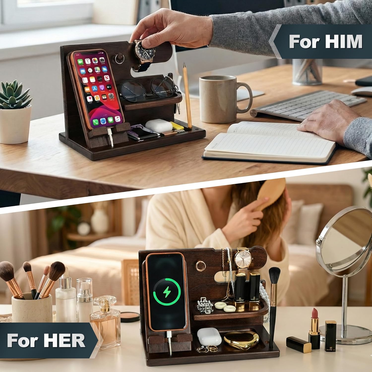 Thumbnail 2 de Teslyar Gifts for Men Wood Phone Docking Station – Solid Nightstand Organizer