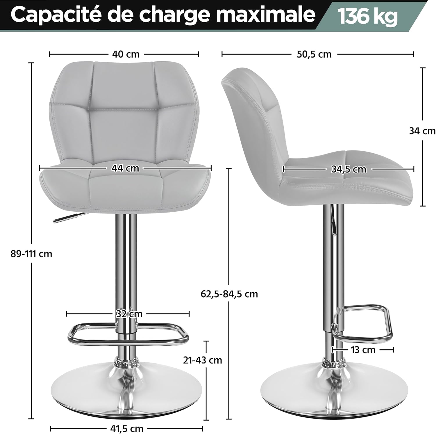 Detalle 1 de Yaheetech Taburete de Bar Ajustable 89–111 cm