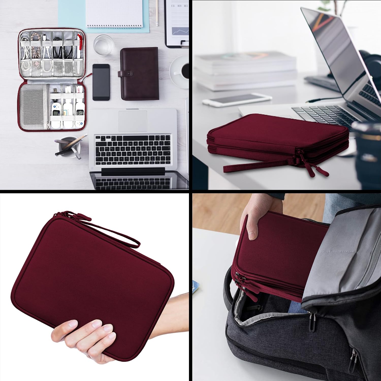 Detalle 2 de Arae Electronic Accessories Organiser travel cable bag (Wine Red, Large) with double-layer storage