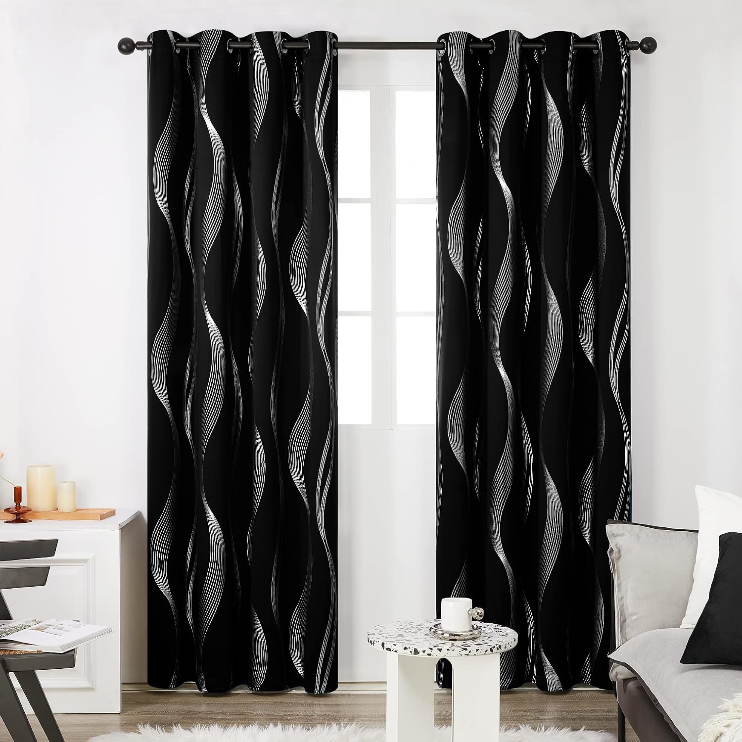 Thumbnail 1 de Deconovo Wave Line Foil Printed Thermal Blackout Curtains, 46 x 90 inch, eyelet (two panels)