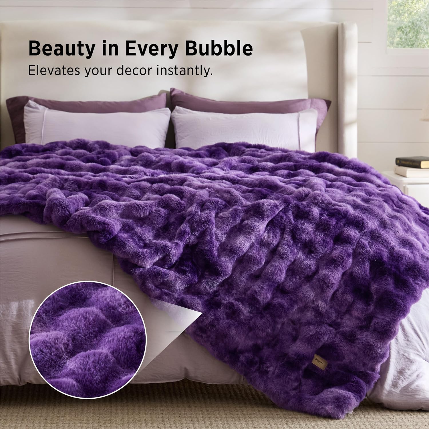Detalle 2 de Bedsure Faux Rabbit Fur Blanket, King 104" x 90", Tie-Dye Purple