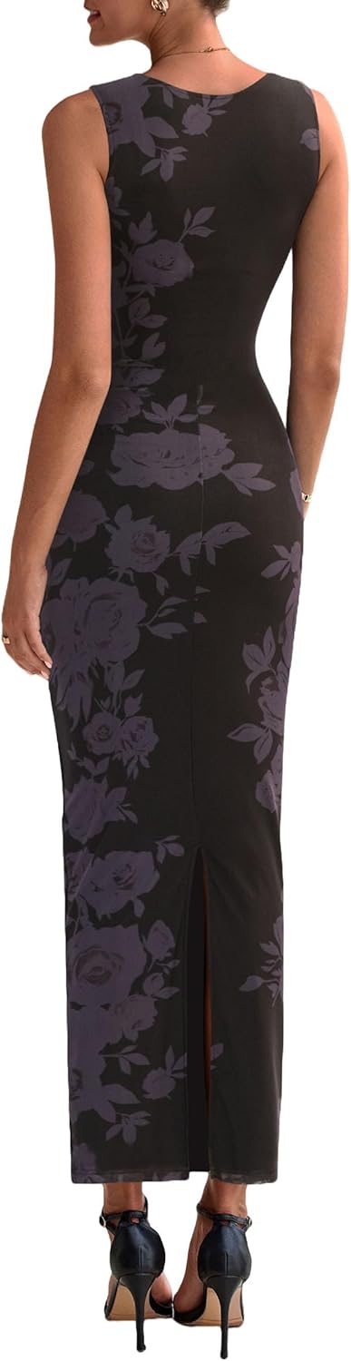 Thumbnail 4 de PRETTYGARDEN Womens Summer Wedding Guest Dress 2026 Mesh Sleeveless Bodycon Ruched Floral Maxi
