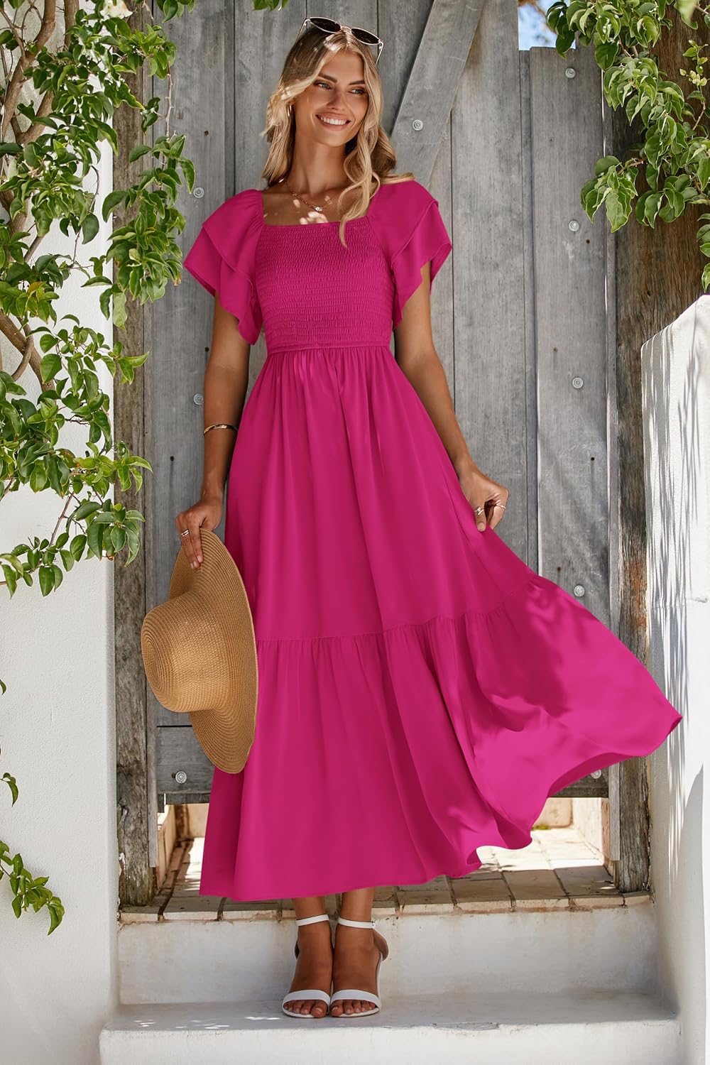 Thumbnail 1 de MASCOMODA Women's Summer Casual Midi Dress with Square Neck, Ruffle Sleeves, and Smocked High Waist