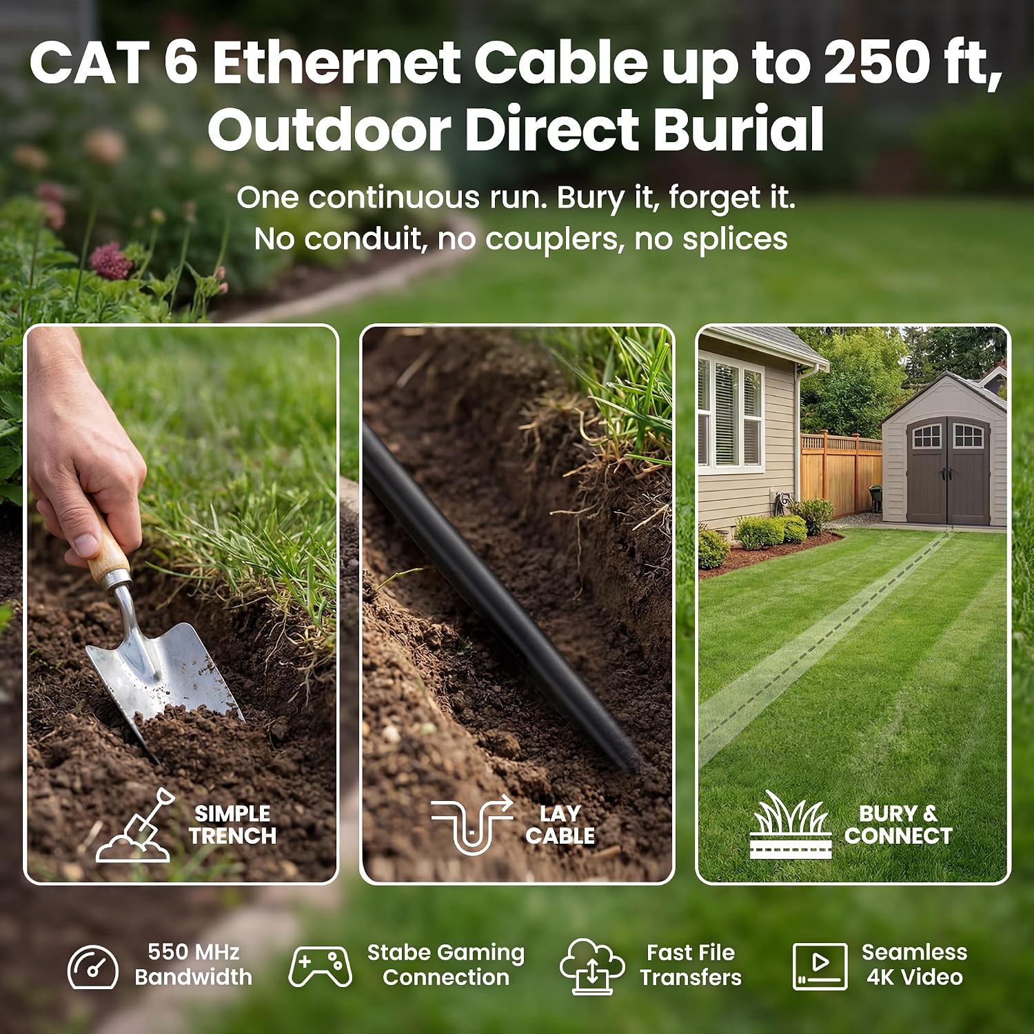 Thumbnail 1 de GEARit Cat6 Ethernet Cable 150ft for Outdoor Direct Burial (24AWG, UV-Resistant, Waterproof Jacket) — Black