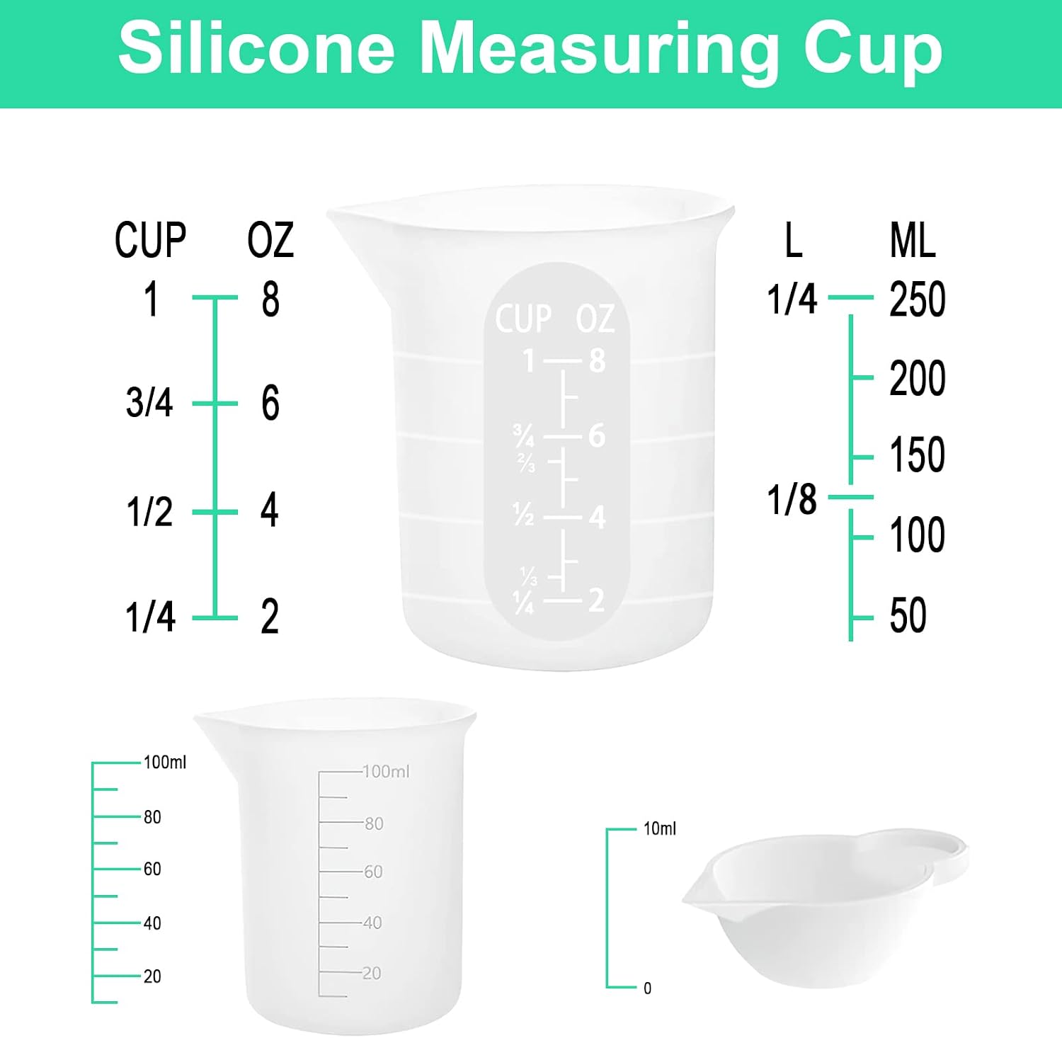 Detalle 2 de Sjubaopen 7-Piece Silicone Measuring Cup Set, 250 ml, 100 ml and 10 ml Cups