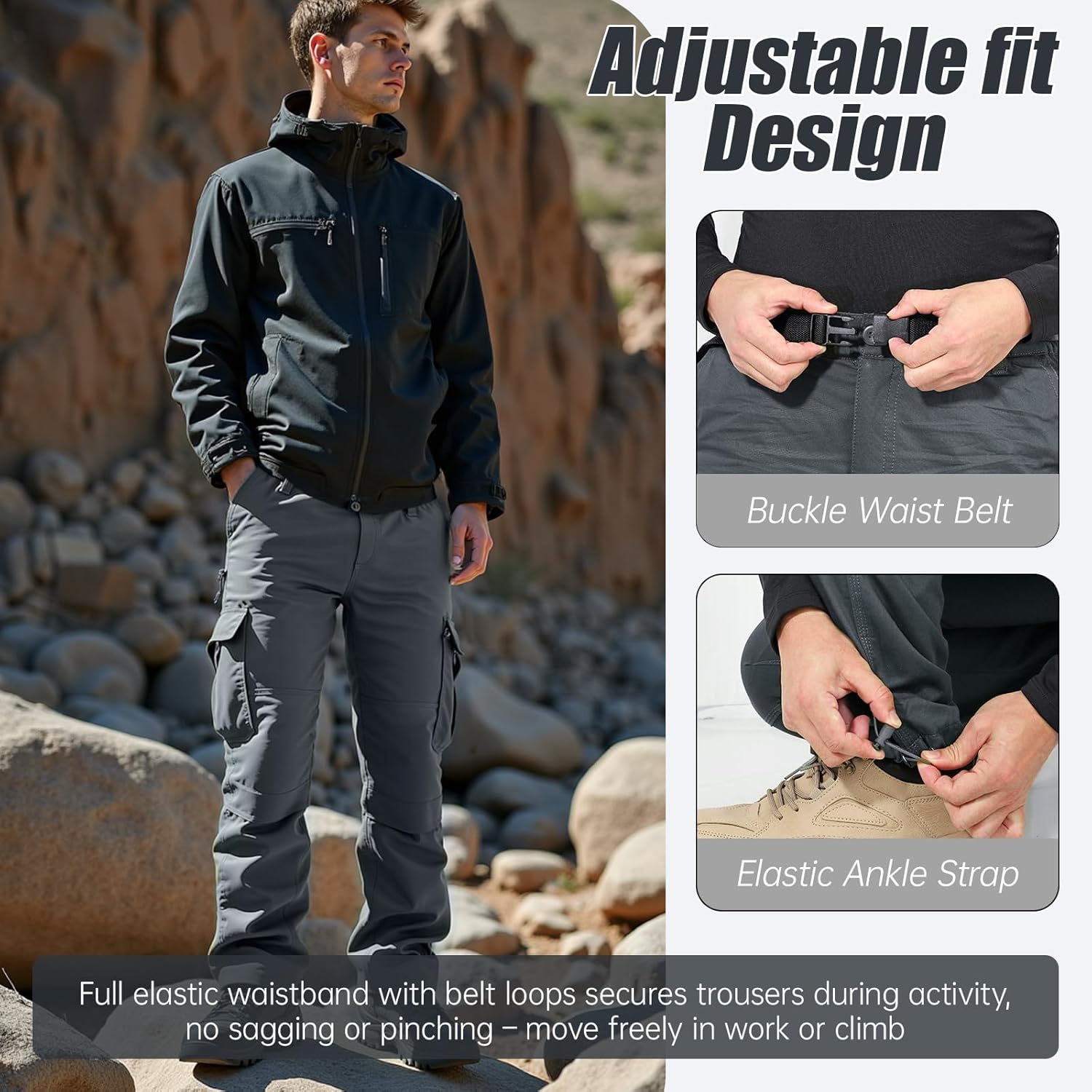 Thumbnail 2 de LY4U Men’s Fleece Lined Cargo Thermal Trousers with Elastic Waistband and Adjustable Ankle Cuffs