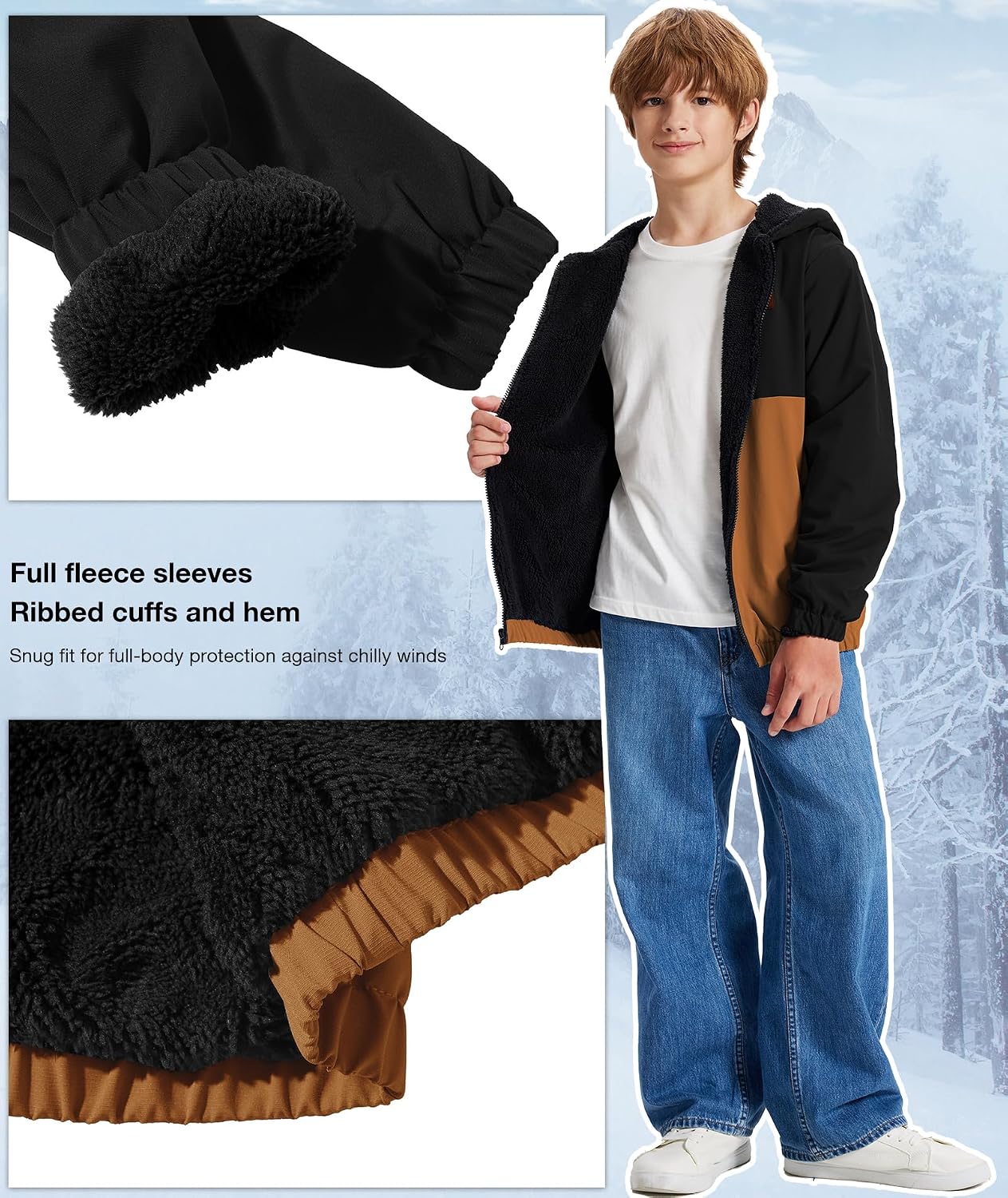 Detalle 2 de ZITY Boys Sherpa-Lined Fleece Jacket, Full-Zip Hoodie with Pockets