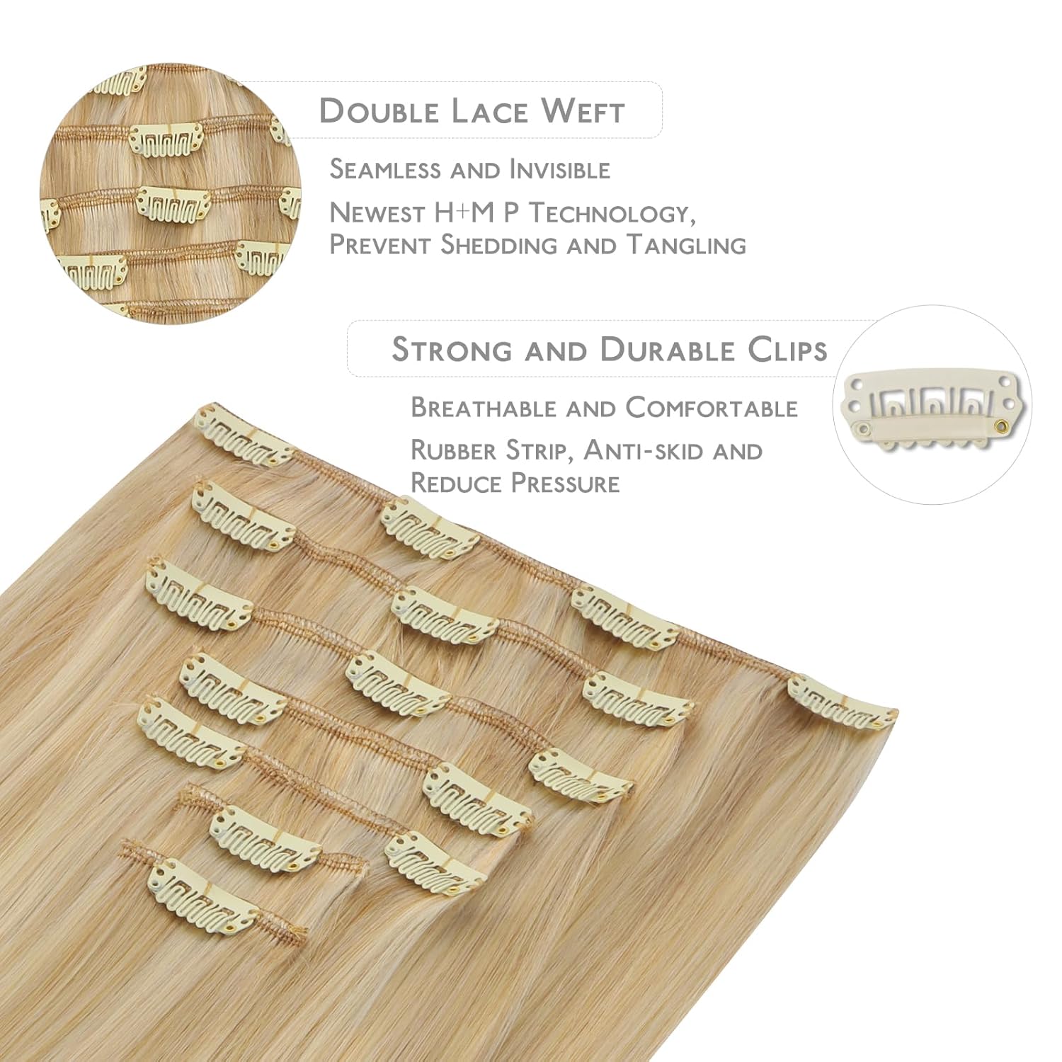 Detalle de WENNALIFE Clip-in Echthaar Extensions, 35 cm, Hellblond Highlights Goldblond – 7 Teile, 120 g