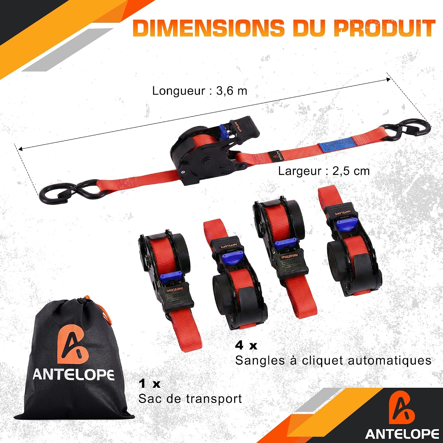 Detalle de A ANTELOPE Automatik Spanngurt 3,6 m x 25 mm, 4 Stück – Selbsteinziehend, 680 KG Tragkraft, mit S-Haken und Sicherheitsverschluss