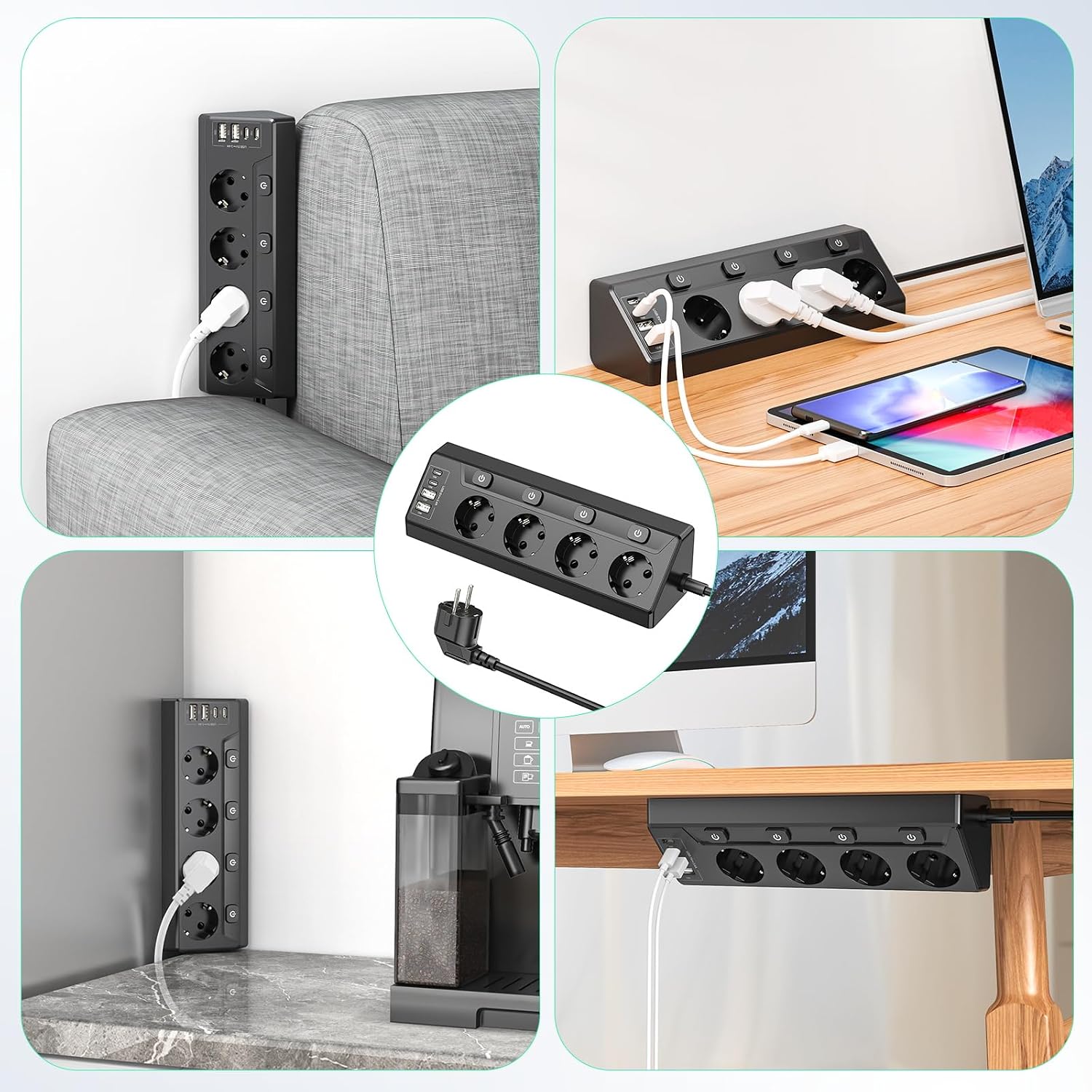 Thumbnail 6 de HITRENDS Hoekstopcontact-Zwart: stekkerdoos met 4 stopcontacten en 4 USB-poorten