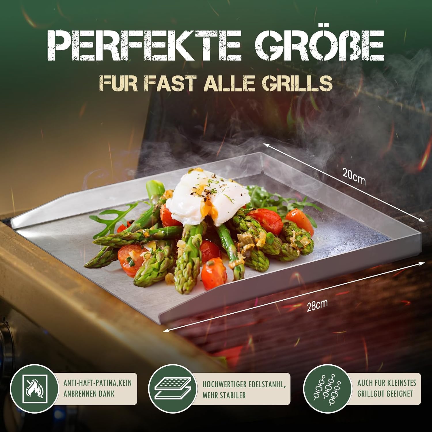Detalle de WUCHAITOO grillplatta i rostfritt stål, 28 x 20 cm för gas- och kolgrill