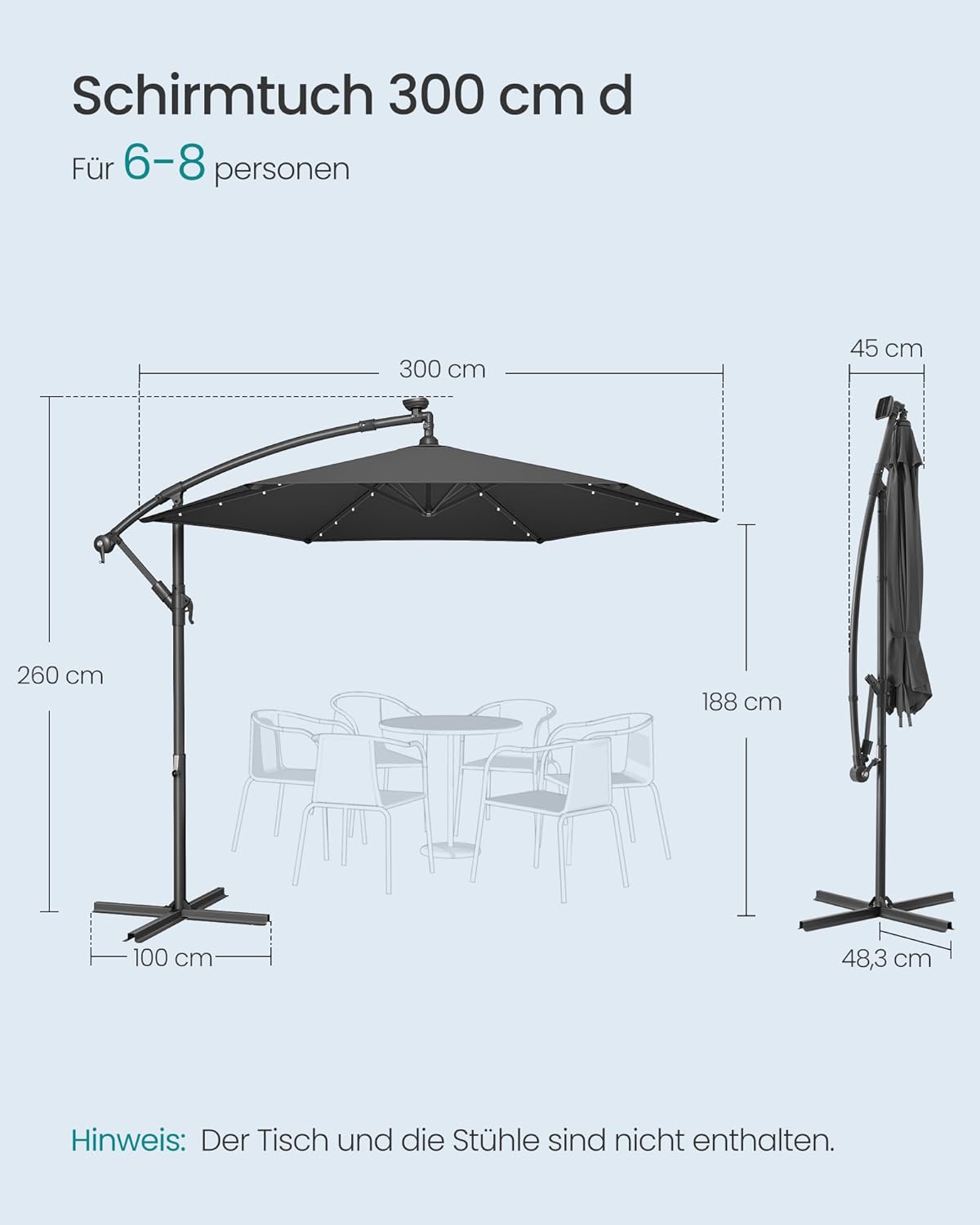 Detalle 2 de SONGMICS Ampelschirm mit LED-Solar-Beleuchtung, 300 cm Durchmesser, Grau – GPU118G01