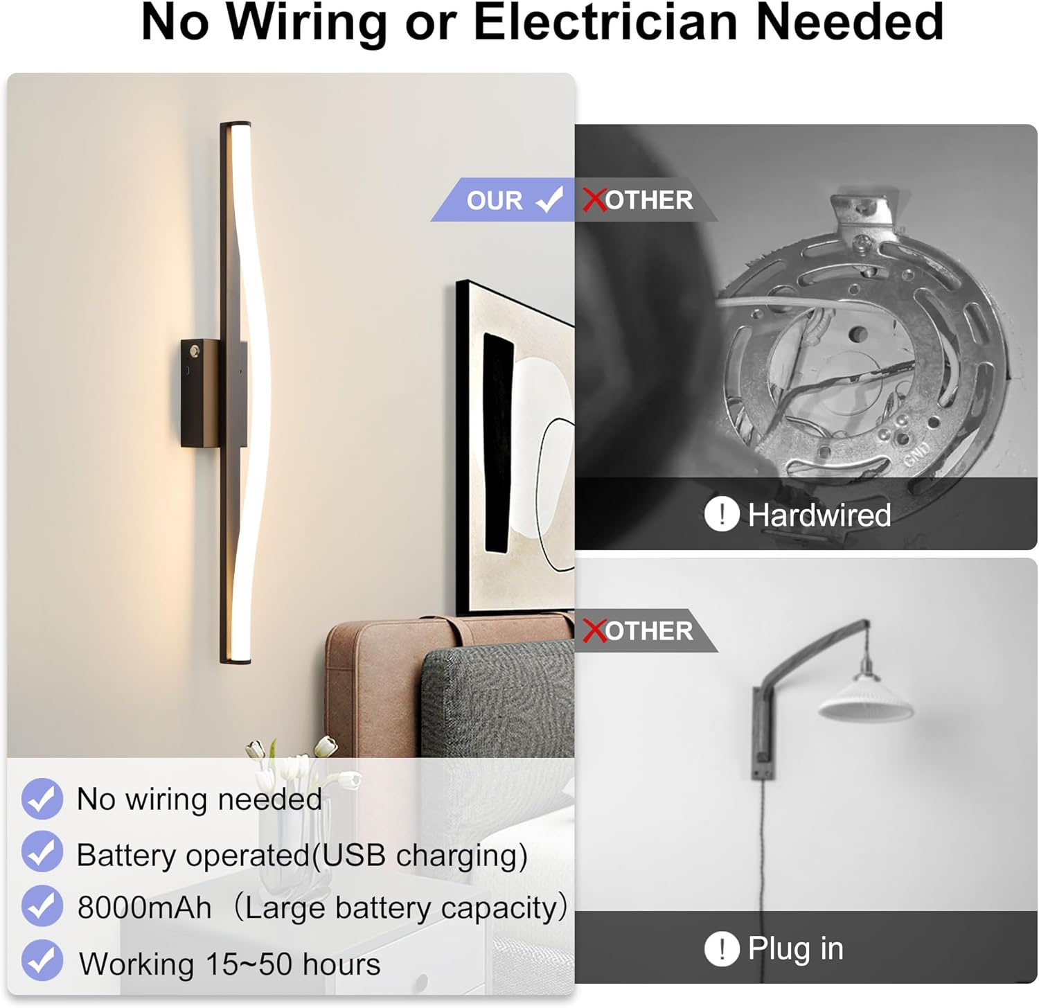 Thumbnail 4 de Actask Wandleuchte Kabellos mit Fernbedienung 60 cm – LED-Bildbeleuchtung mit drei Farbtemperaturen, 8000 mAh Akku