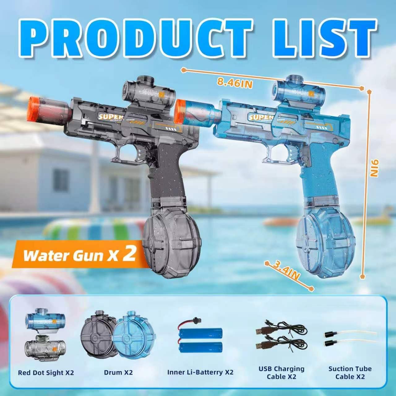 Thumbnail 1 de 2 Pièces Pistolet à Eau Électrique avec Effets de Flamme LED – Puissant et Rechargeable pour Enfants 3–12 ans