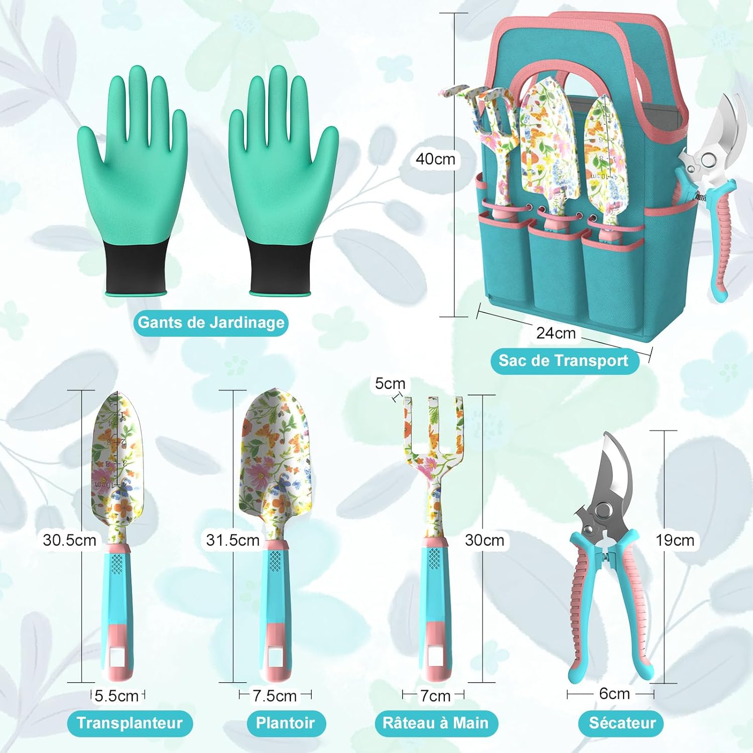 Thumbnail 1 de Kit de 6 outils de jardinage en aluminium : pelle, râteau, sécateur et sac de rangement
