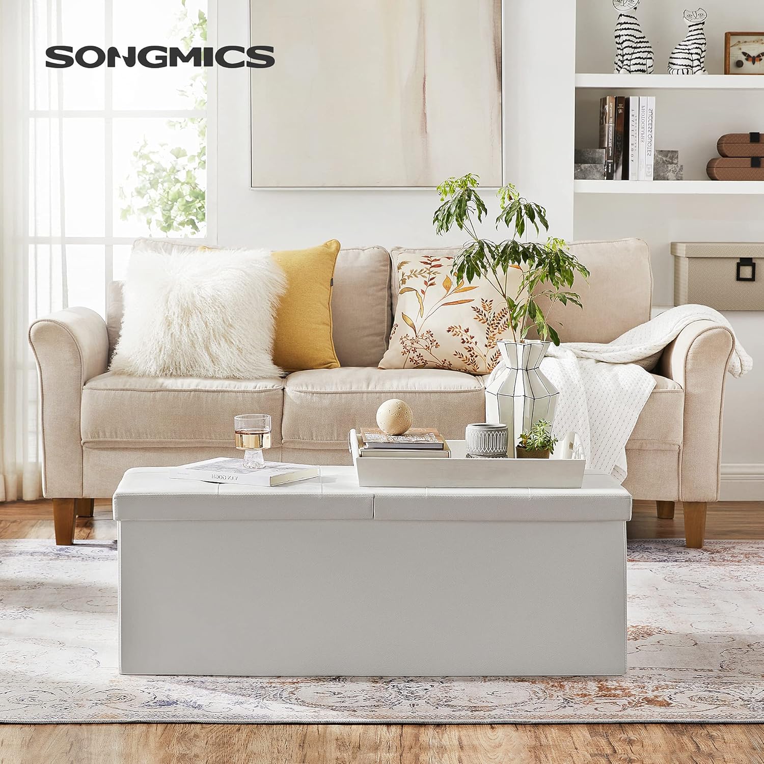 Detalle de SONGMICS Pouf Contenitore 131 L - Cassapanca da 110 cm, coperchio ribaltabile, sedile imbottito, bianco LSF75WT