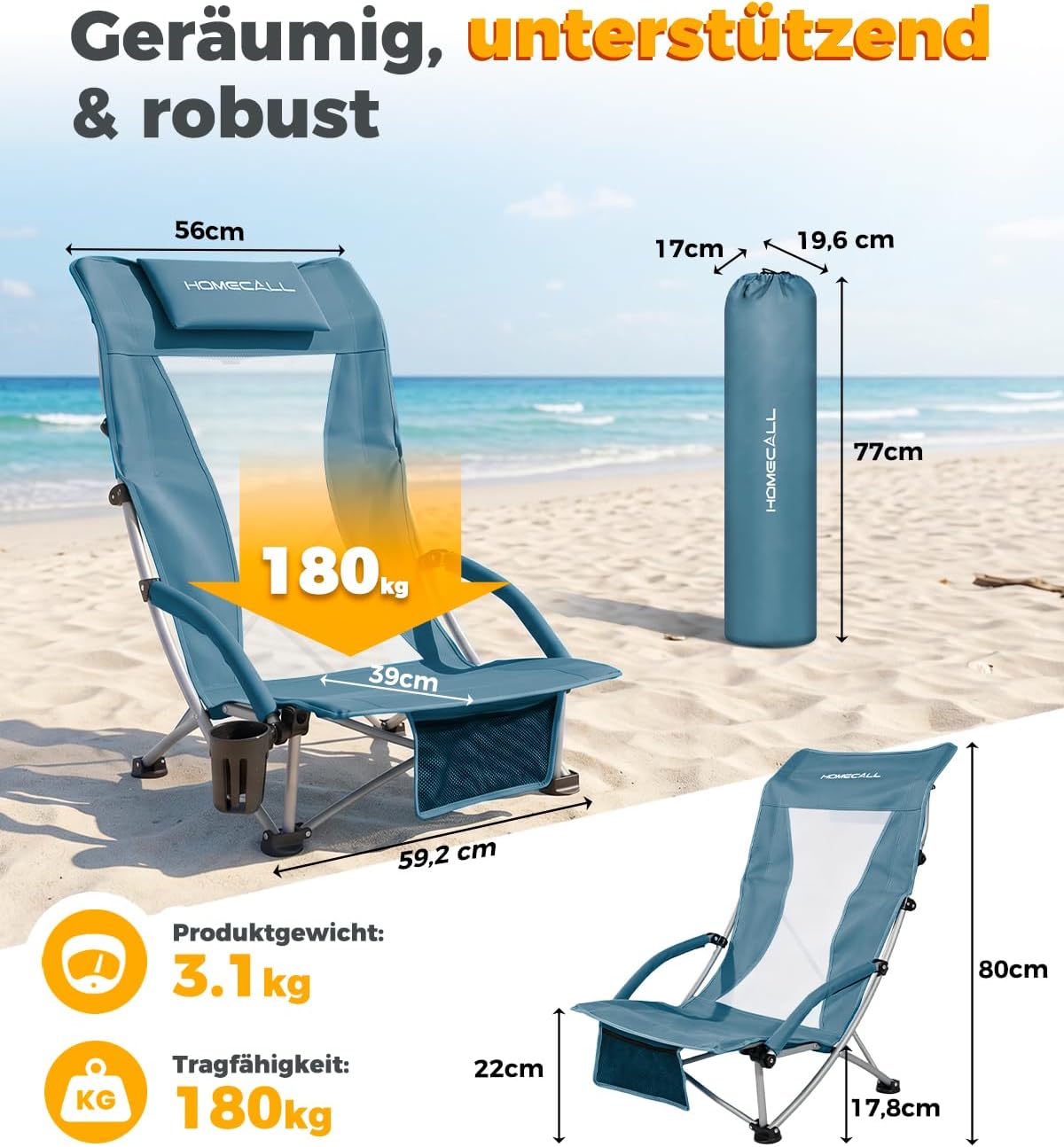 Thumbnail 1 de Homecall Strandstuhl klappbar leicht 180 kg belastbar Netzrückenlehne (2, Nebelblau)