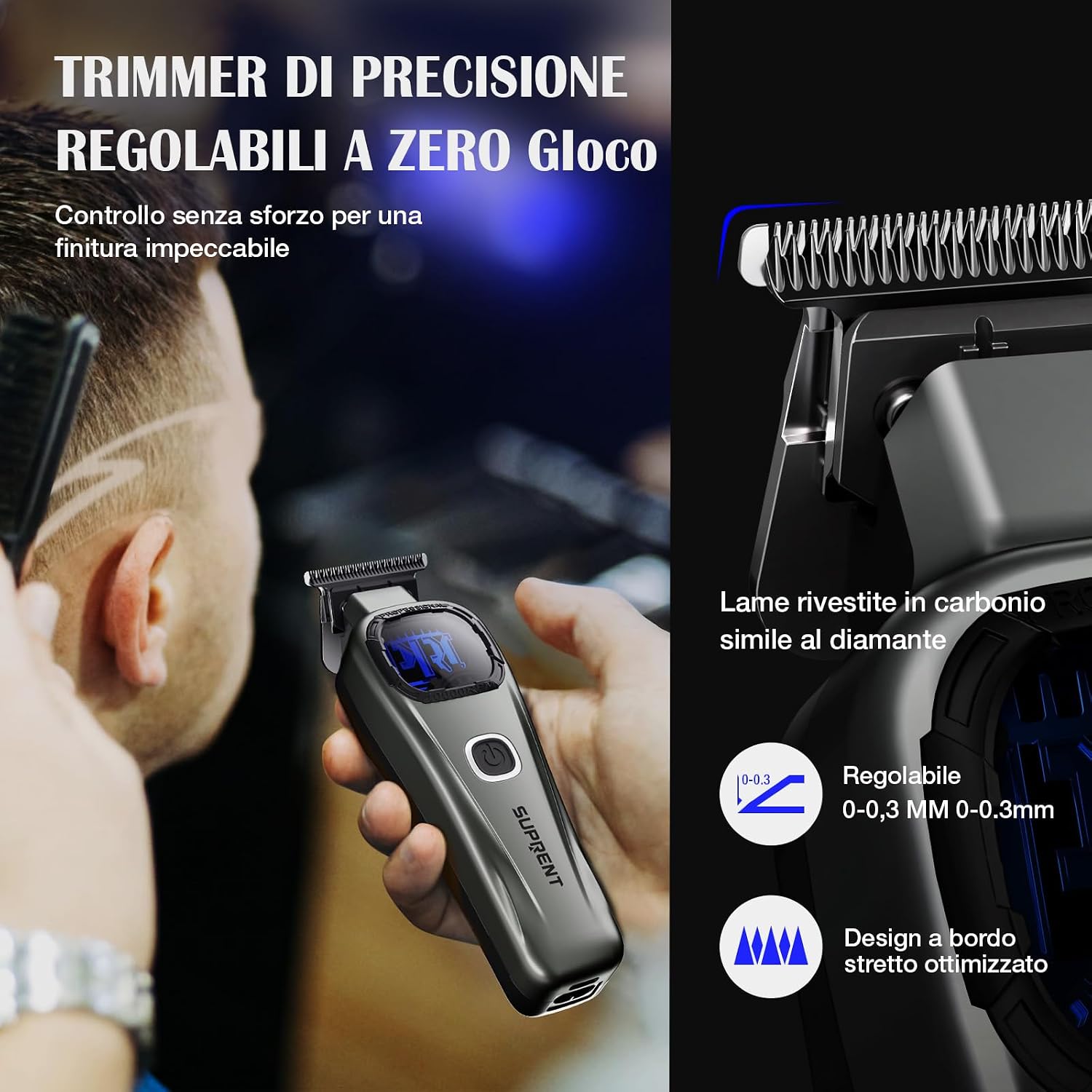 Detalle 2 de SUPRENT Set tagliacapelli professionale per uomo – taglio preciso, lama in titanio e batteria duratura