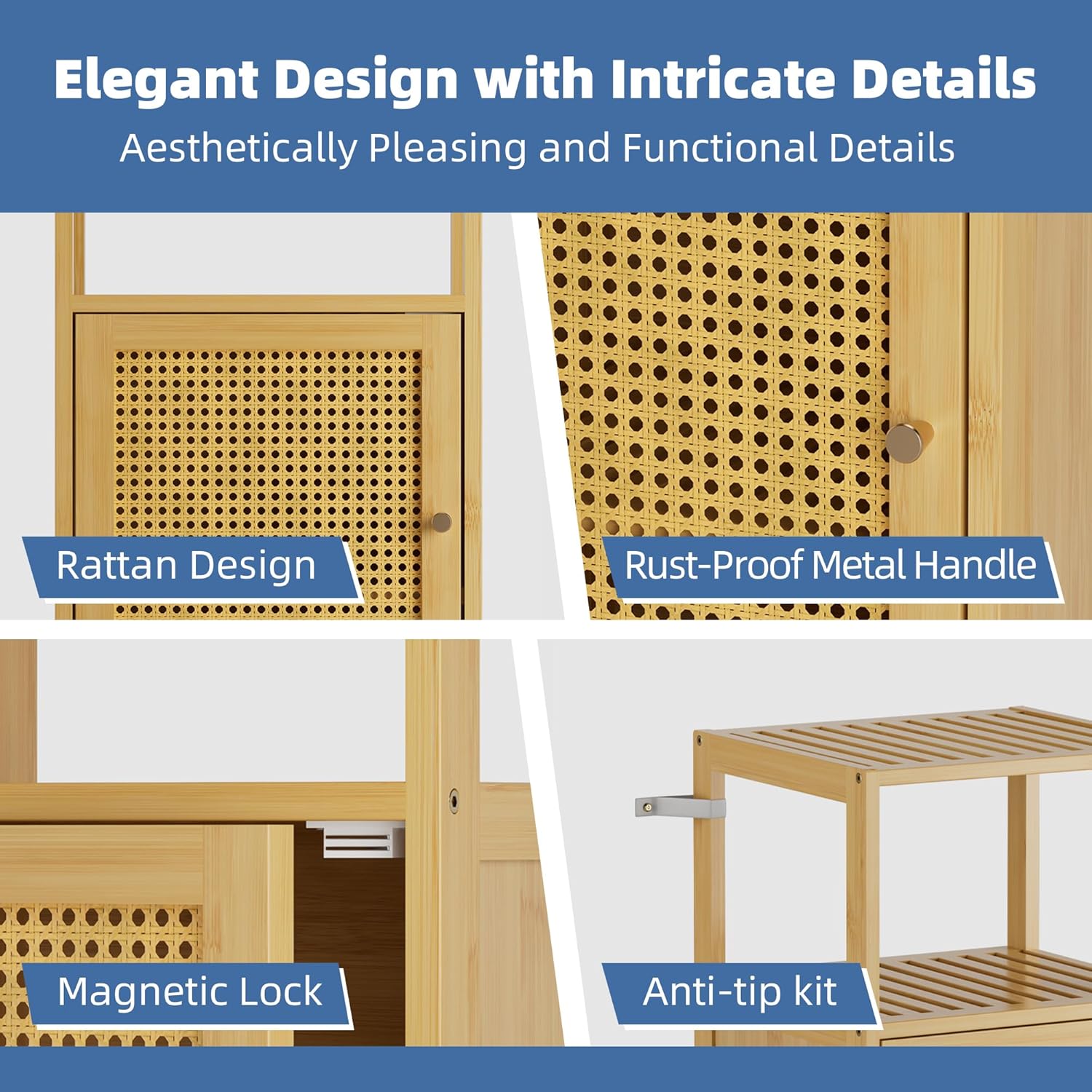 Thumbnail 5 de HITNET Rattan Badezimmerschrank mit Einzeltür – schmaler Bambus-/Rattan-Bodenschrank für enge Ecken