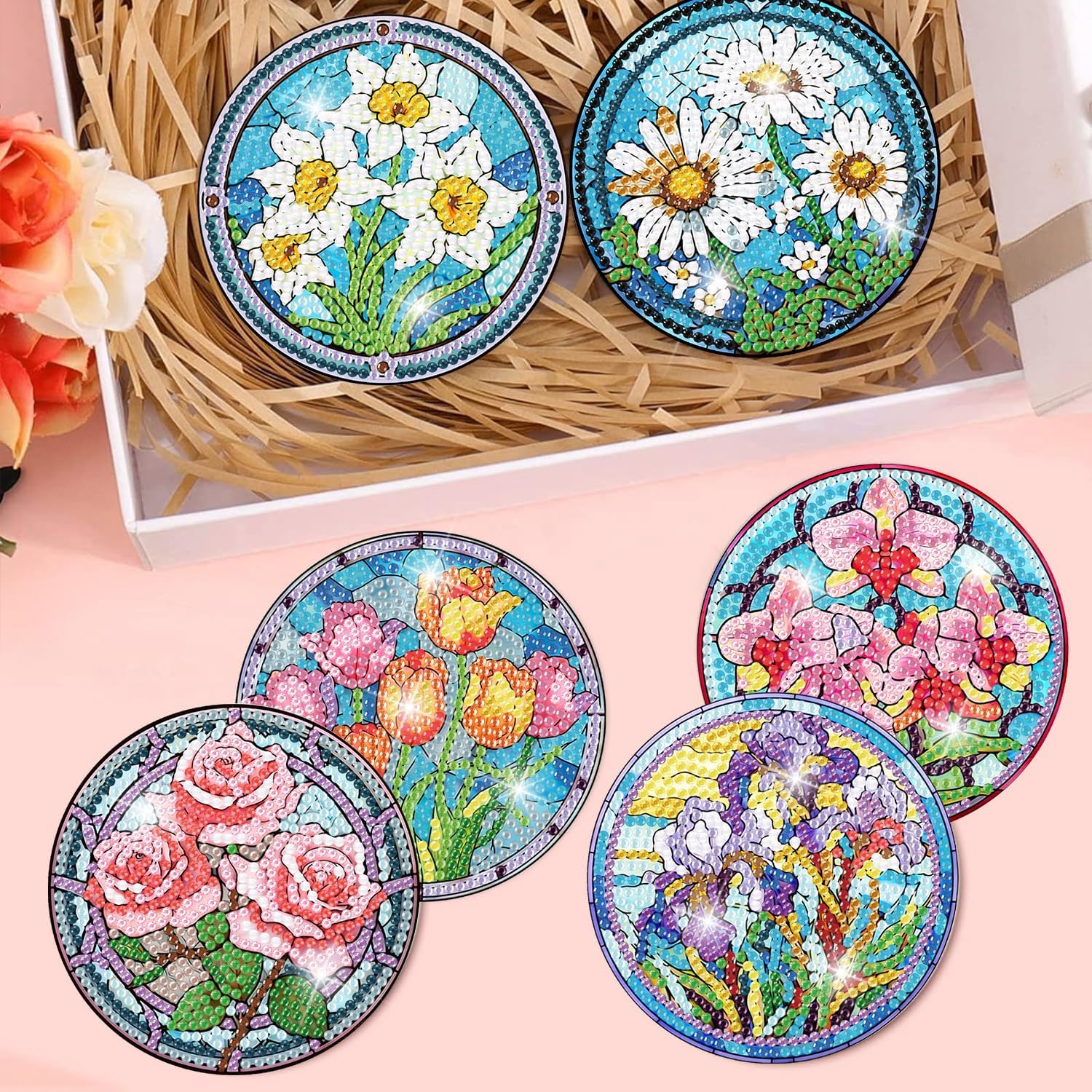Detalle 2 de croshom 8-Piece Floral Diamond Art Coaster Kit with Acrylic Coasters and Cork Backing