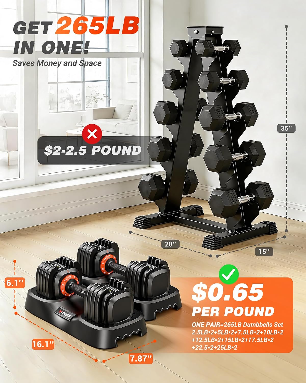 Thumbnail 6 de Rendpas Adjustable Dumbbells, 2.5–25 lb Pair, 10 Settings, Quick-Lock