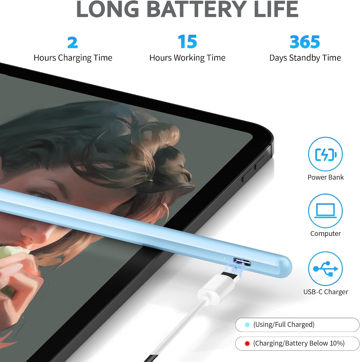 Detalle 2 de DRYMOKINI Rechargeable Universal Stylus Pen for Touch Screens (USB-C) — Blue