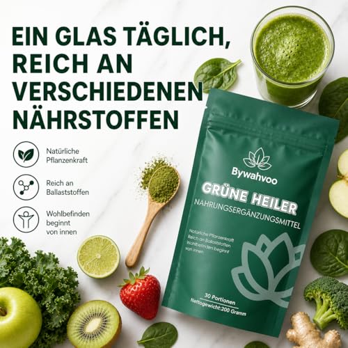 Detalle de Grüne Entgiftungspulver – Bywahvoo, 200 g – Matcha, Gerstengras, Spirulina & Heidelbeere