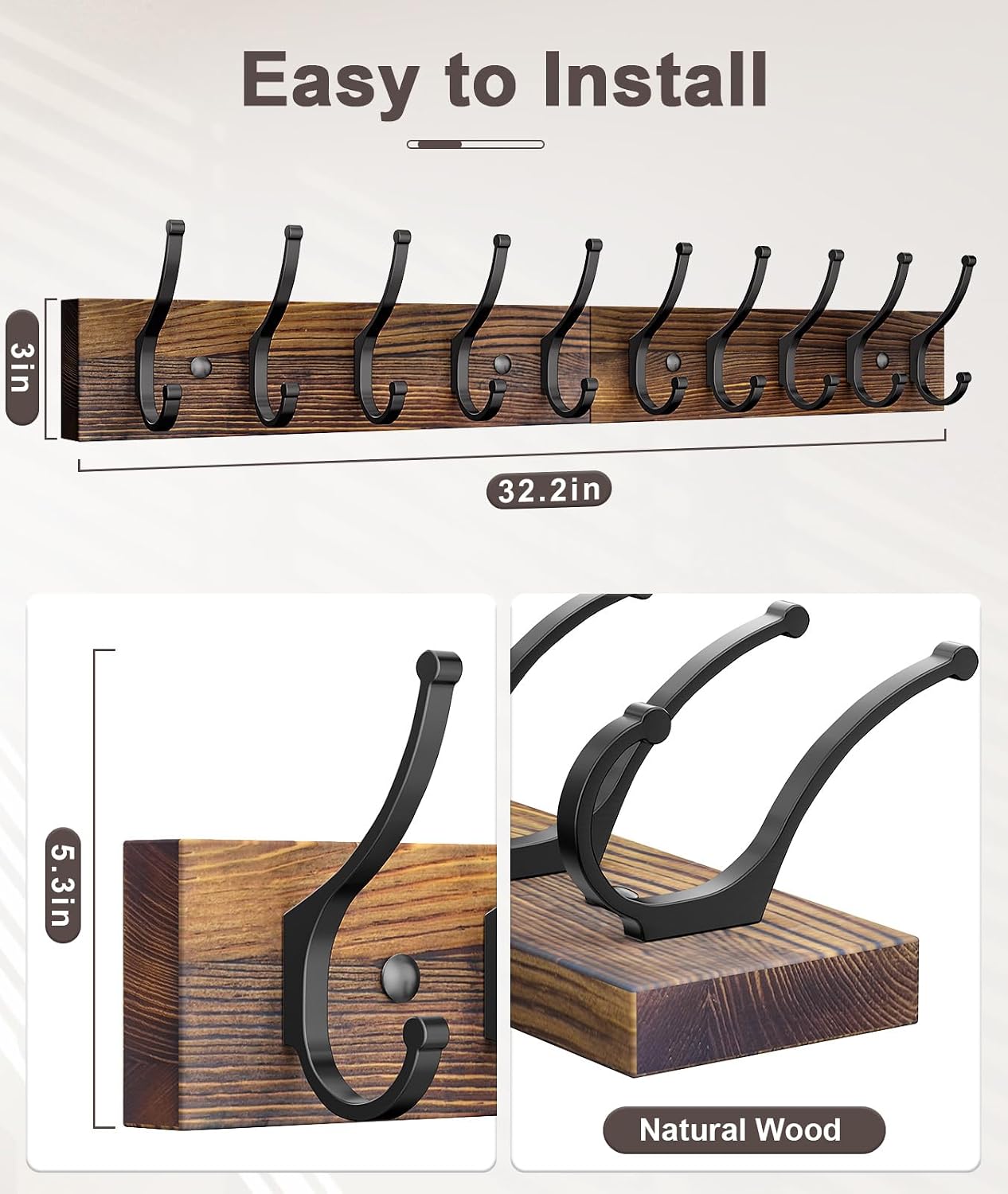 Detalle de Optish coat hooks3 Wooden Wall Coat Rack, 10 Double Hooks, Rustic Brown