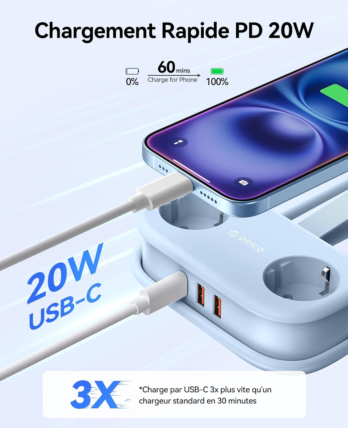 Detalle de ORICO AP3 Multiprise voyage USB-C 20W compacte