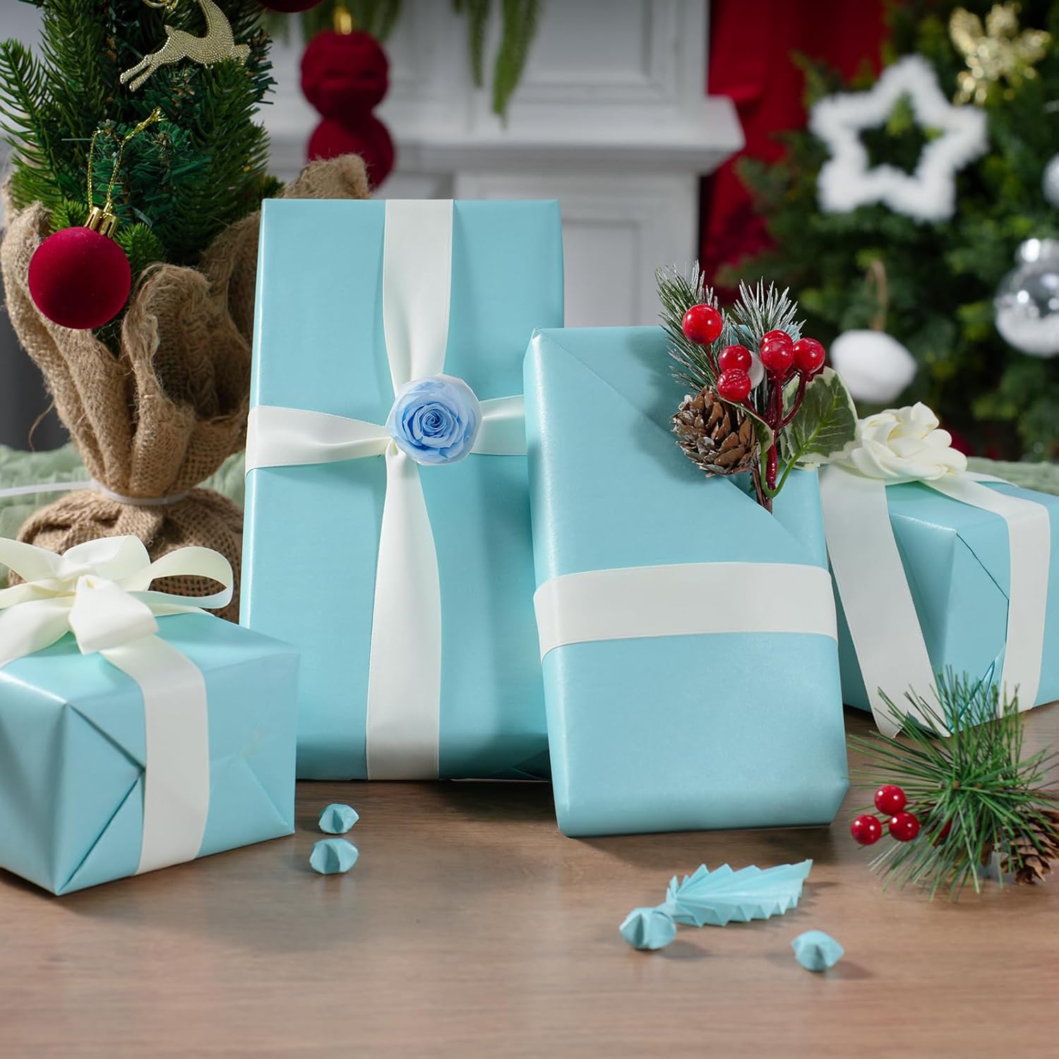 Thumbnail 6 de Blue Wrapping Paper Roll, Reversible Pearly-Lustre Gift Wrap Paper (43cm x 10m)