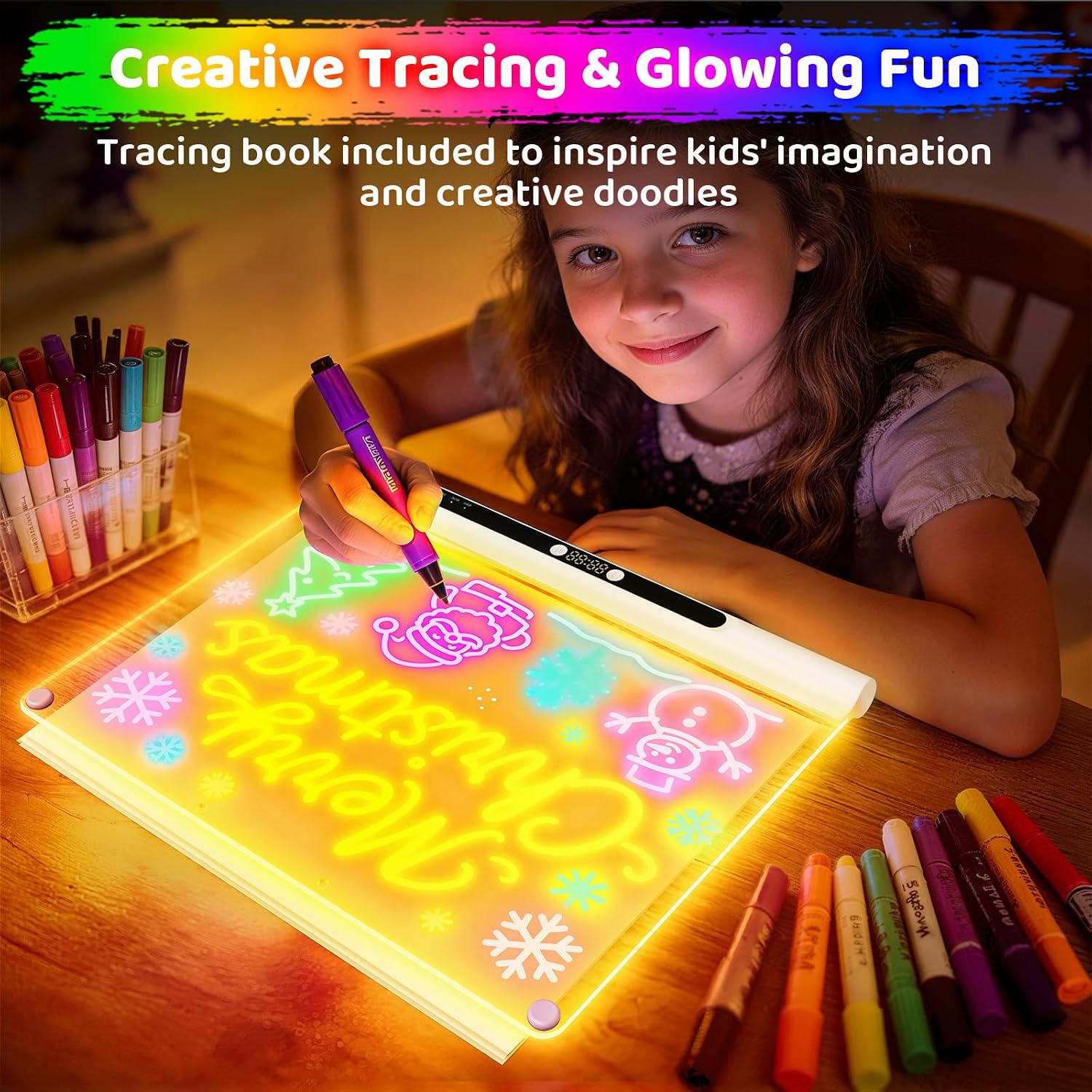 Detalle de Geokay 16-Inch Rechargeable LED Drawing Board with 9-Color Lights and Built-In Stand