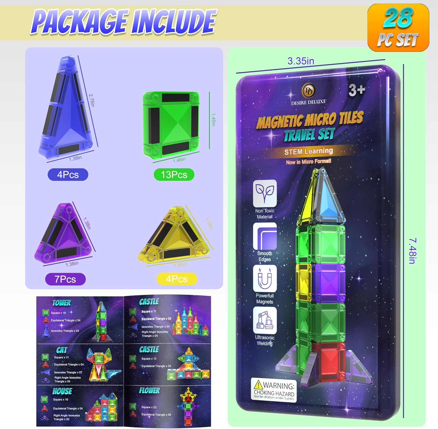 Thumbnail 4 de Micro Magnetic Tiles: Travel-Size STEM Building Blocks (18 Pieces) Glitter Edition