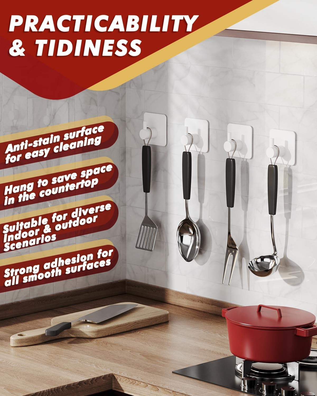 Detalle 2 de Auxmir 5 Pack Self-Adhesive Hooks – Stainless Steel, 10kg, No-Drill Fix, 4.5×4.5cm