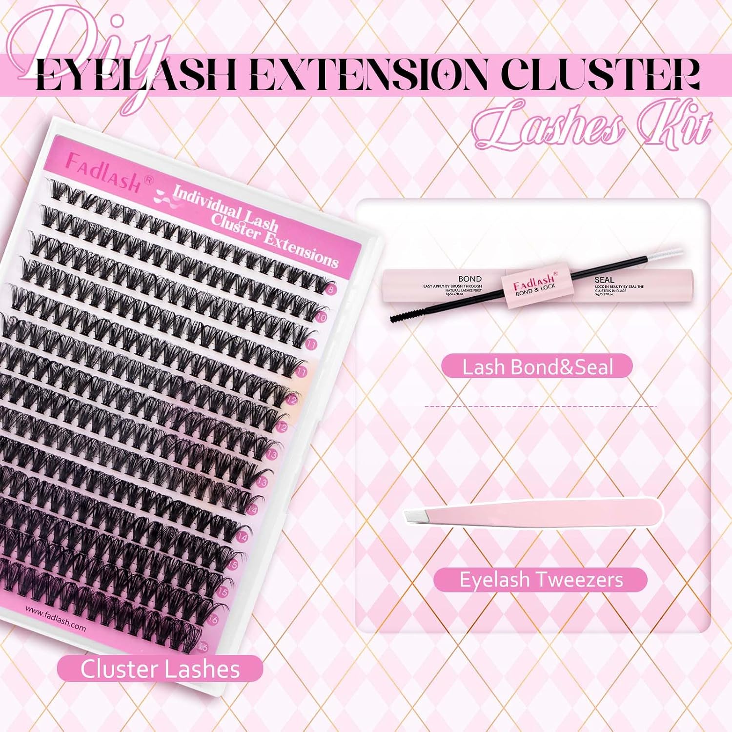 Detalle de Fadlash Wimpern Cluster DIY 0,07D 8–16 mm 40D Kit – DIY Wimpernextensions mit Kleber, Versiegelung und Pinzette