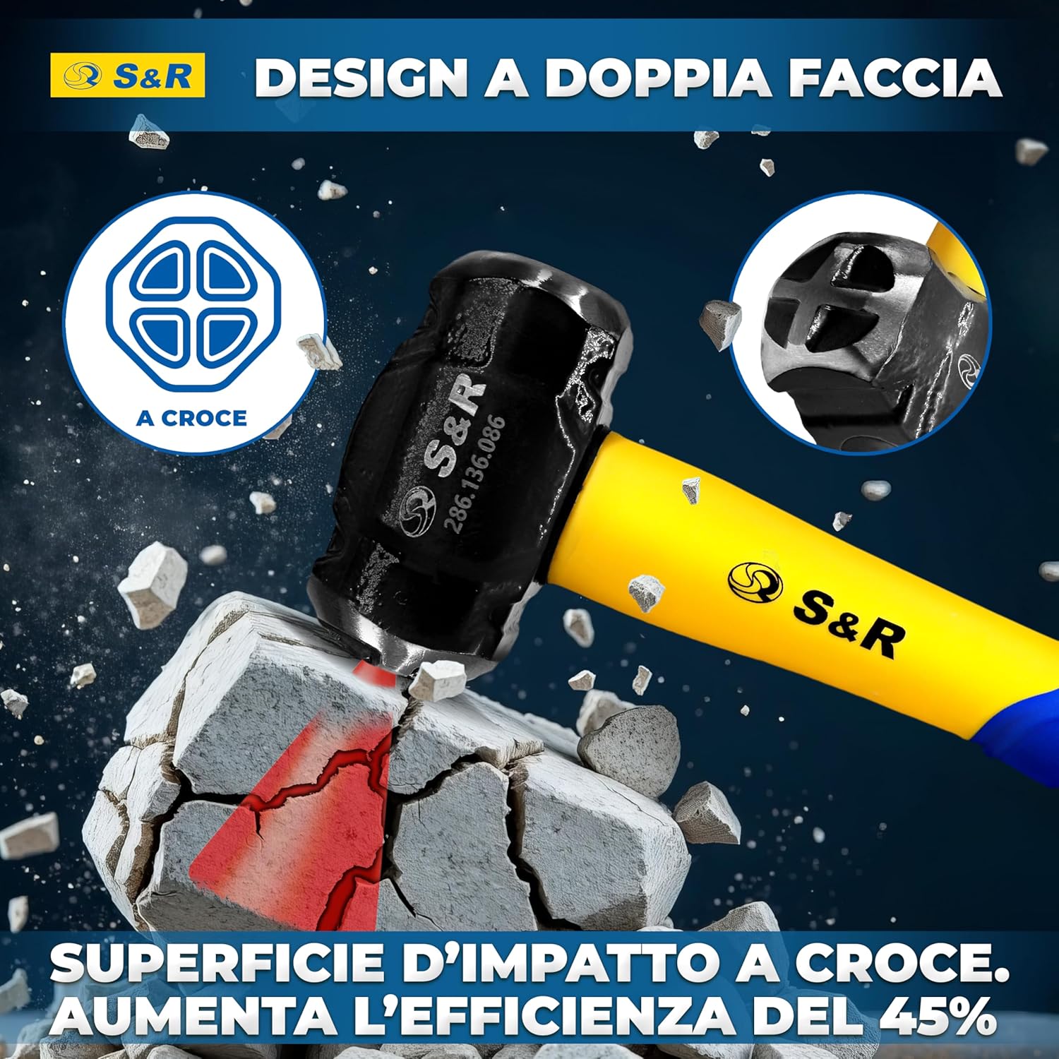Detalle de S&R Mazzetta da Muratore 1360 g – Martello Demolitore a Croce in Acciaio temprato 38–48 HRC, Impugnatura Ergonomica in Fibra di Vetro